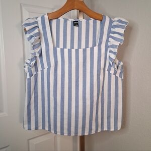 Shein Cropped Blue And White Striped Blouse With Ruffle Sleeves Juniors Medium